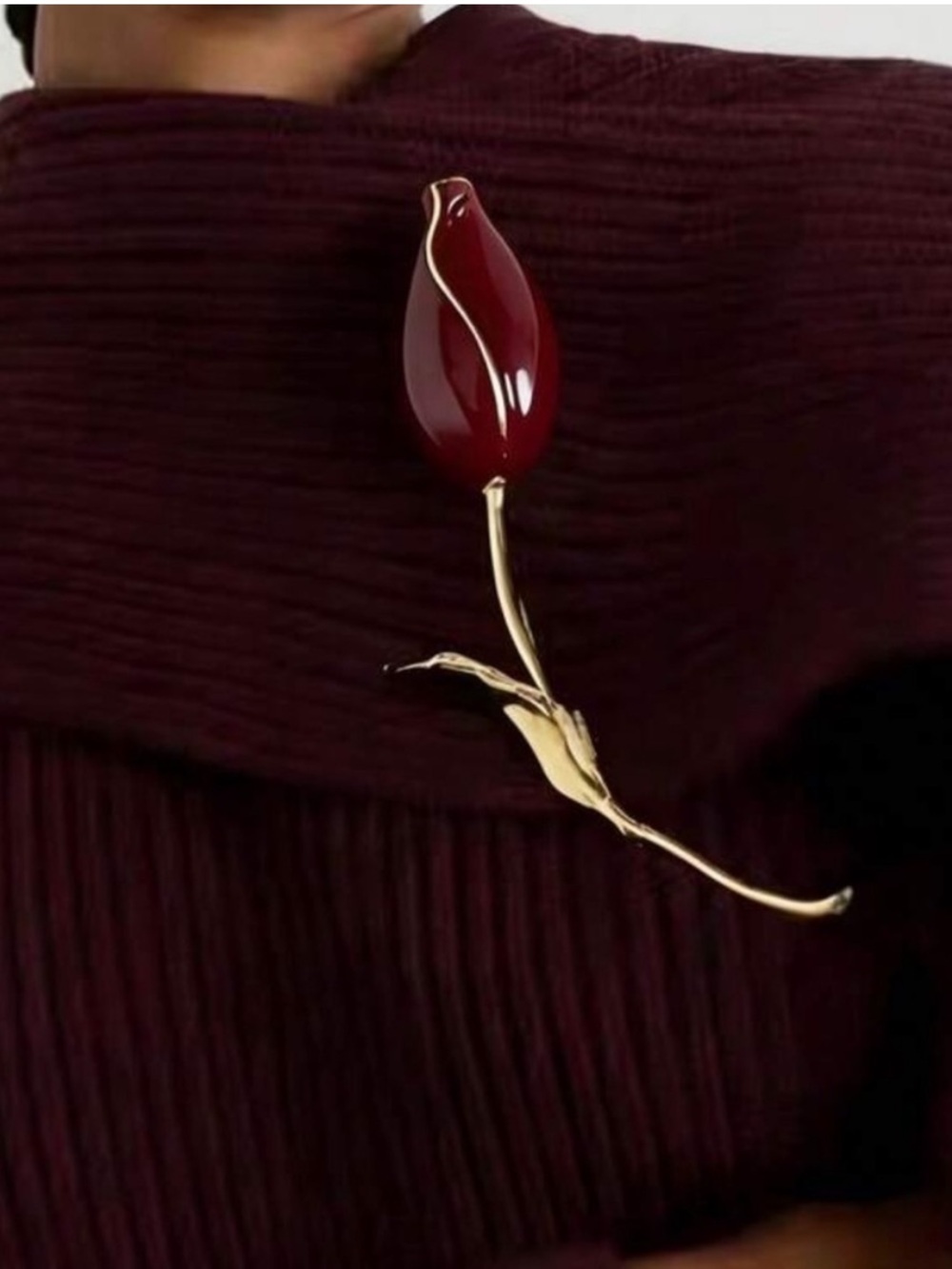 Red Enamel Tulip Brooch with Gold Stem